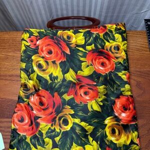 VTG Folding Tote Bag Floral Lucite/Bakelite Handle handbag‎ boho retro floral